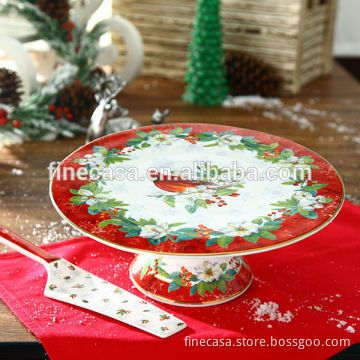 11 Inches Christmas Fine New Bone China Santa Ceramic Cake Stand with Server of New Christmas